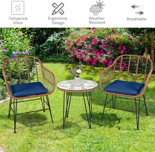 Miniatura 9 de Tangkula - Juego de 3 piezas para conversación en el patio, juego de muebles de mimbre al aire libre con mesa redonda de vidrio templado y 2