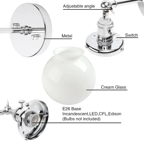 Miniatura 5 de PERMO Aplique de pared industrial vintage con luminaria de globo redondo mini de 5.9 pulgadas de vidrio blanco leche soplado a mano con pantalla