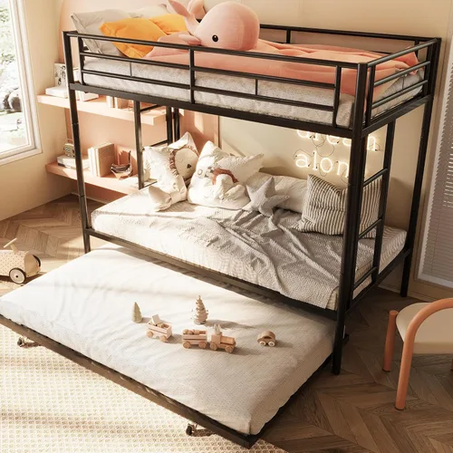 SUNLEI Litera individual sobre individual con nido, cama alta de metal con 2 escaleras seguras, camas nido con protección de seguridad, ahorro de