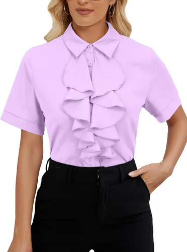 Miniatura 6 de Vrtige Women's Ruffle Front Collar Neck Button Down Short Sleeve Blouse Shirt Top