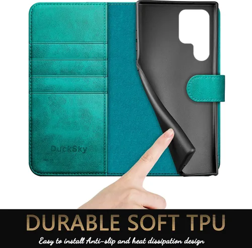 Miniatura 6 de DuckSky Funda tipo cartera de cuero genuino para Samsung Galaxy S22 Ultra 【Bloqueo RFID】【4 tarjeteros de crédito】【Cuero auténtico】 Funda protectora