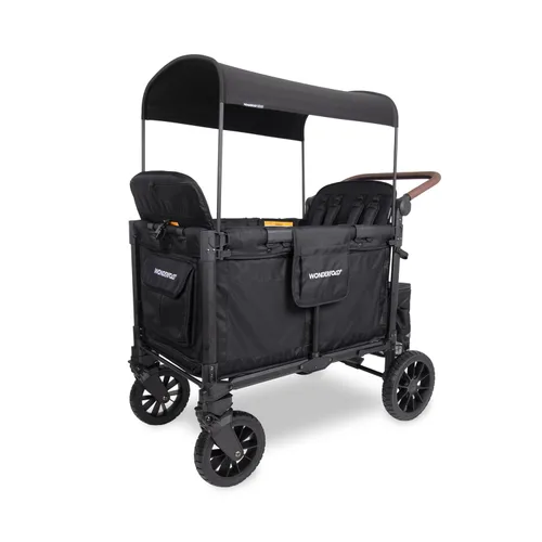 WONDERFOLD W4 Luxe Pro Cochecito tipo vagón (4 plazas) - Cochecito tipo vagón plegable con asientos que cuentan con arneses de seguridad de 5 puntos