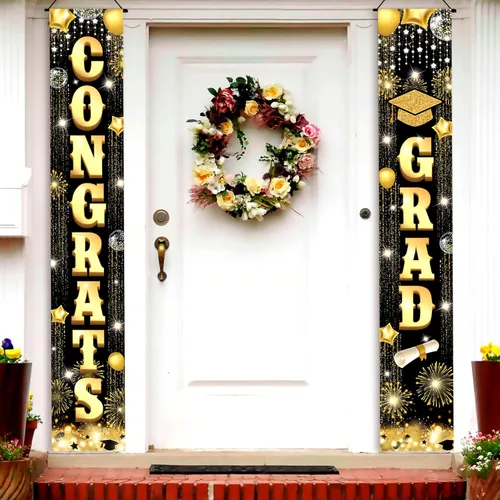 Decoraciones de graduación 2026 | Cartel de graduación negro y dorado – Grande, 72 x 12 pulgadas, NO DIY | Cartel de felicitaciones graduadas |