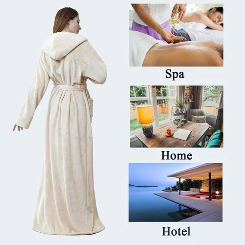 Miniatura 5 de Hellomamma Bata larga con capucha para mujer, lujosa franela de forro polar, bata de baño de longitud completa, pijama cálida de invierno, camisón