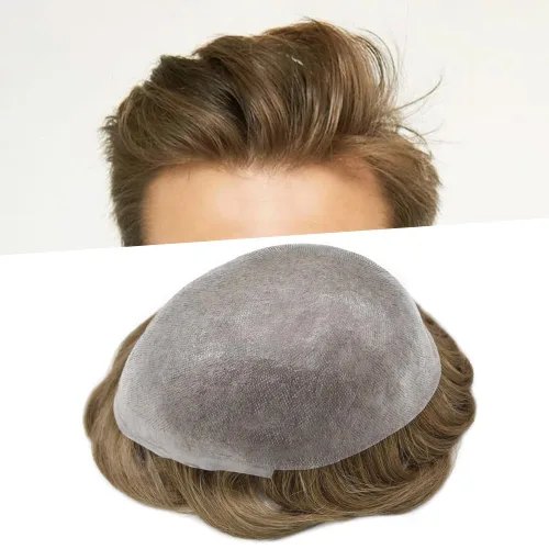 Miniatura 30 de Tupé de piel ultra fina para hombres pieza de cabello humano real sistema de reemplazo 0.002 in Mens Toupee Hairpiece para hombres V-Loop 8x10 80%