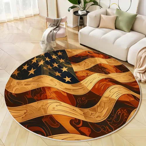 Washable American Flag Area Rug - 2Ft Round Rugs for Living Room Soft Carpet for Bedroom Retro Wave Indoor Stain Resistant Non-Shedding Non Slip