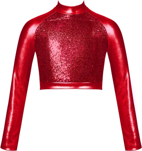 JEATHA Camiseta corta de manga larga con lentejuelas brillantes para niños y niñas, con cuello alto falso, camisetas atléticas de jazz hip-hop para