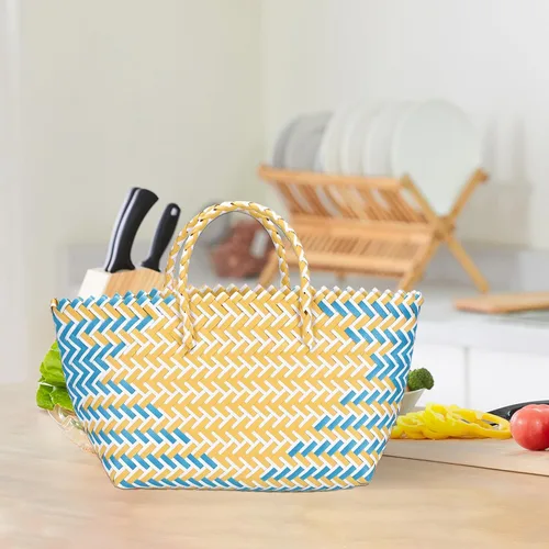 Miniatura 5 de Bolso tejido a mano para mujer, gran capacidad, a rayas, con correa cilíndrica, cesta de picnic duradera para almacenamiento al aire libre
