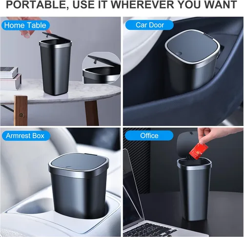 Miniatura 7 de Paquete de 2 mini botes de basura para automóvil con tapa y 90 bolsas, bote de basura pequeño para puerta de automóvil, hogar, oficina, dormitorio