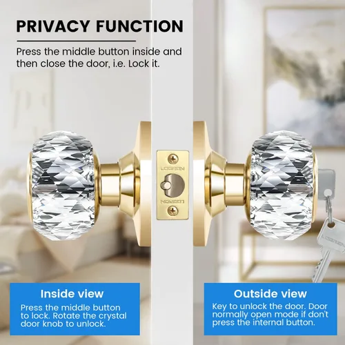 Miniatura 5 de Pomos de puerta de cristal con cerradura y llaves con cerradura de privacidad, lujosos pomos de puerta de cristal clásicos de diamante