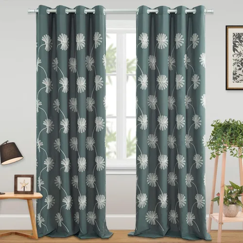 Miniatura 24 de VOGOL - Cortinas con ojales bordadas con patrón floral elegante de lino sintético, 2 paneles, 60% opacas con aislamiento térmico, cortinas pesadas