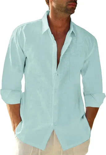 Miniatura 11 de JEKAOYI - Camisas de lino con botones para hombre, de manga larga, ajuste regular, de algodón, camisas de playa con bolsillo
