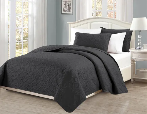 Miniatura 2 de Mk Collection King/California King Tamaño Extra Grande 118"x106" Colcha Cubrecama de 3 Piezas con Diseño de Diamantes Repujado Color Sólido Gris