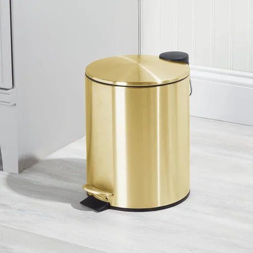 Miniatura 2 de mDesign Cubo de basura de metal de 1.3 galones/5 litros con escalón redondo, contenedor de basura con tapa para baño, tocador, dormitorio, cocina