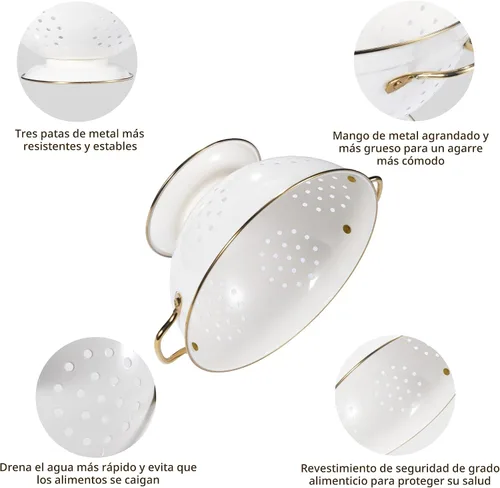 Miniatura 5 de Juego de 3 coladores de metal, cesta coladora con asas, perfecto para espaguetis, pasta, bayas, verduras, frutas, base sólida con recubrimiento