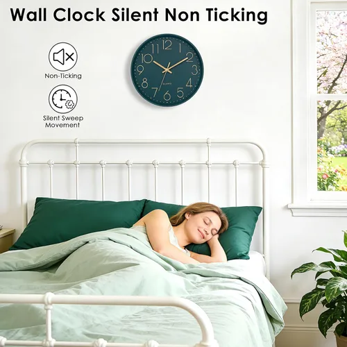 Miniatura 7 de Reloj de pared Lumuasky, moderno, analógico, silencioso, sin tictac, decorativo, de esmeralda, funciona con pilas, para escuela, oficina, aula, Verde