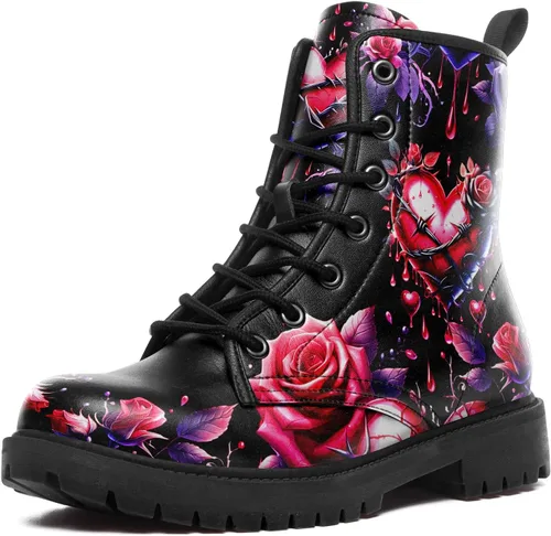 Miniatura 13 de Botines de combate para mujer, con estampado de corazón, botines cortos de moda con rosas y calavera, botas de trabajo duraderas con cordones