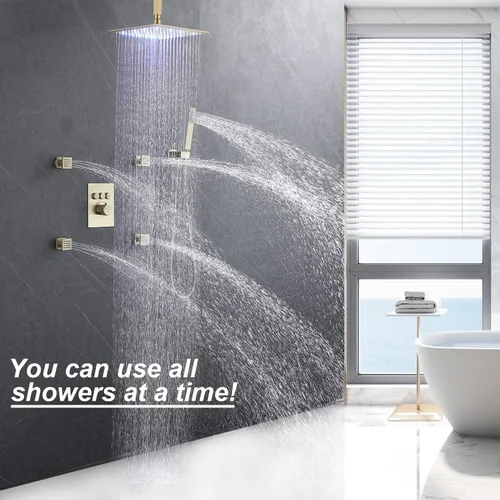 Miniatura 2 de Sistema de ducha de lluvia de oro cepillado, ducha de cuerpo completo Enga de 12 pulgadas con chorros corporales, juego combinado de ducha moderno