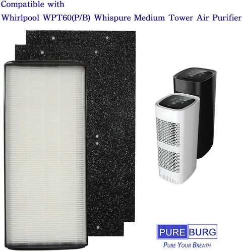 Miniatura 2 de PUREBURG WPT60 Juego de filtros de repuesto – 2 filtros HEPA + 4 prefiltros de carbón activado compatibles con Whirlpool WPT60 (P/B) Whispure torre
