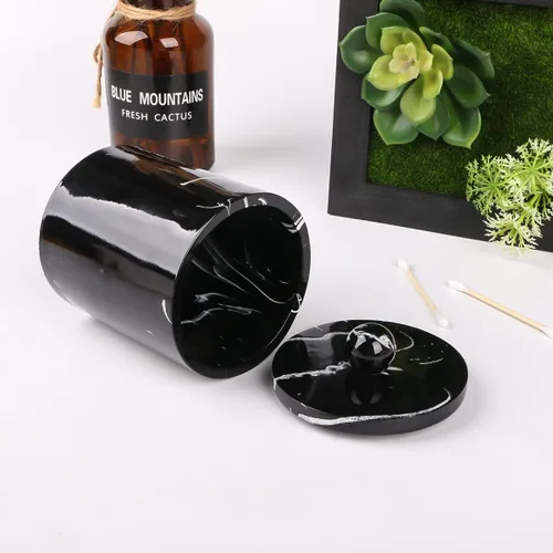 Miniatura 5 de Dispensador de soporte Qtip para baño con tapa, soporte para hisopos de algodón de tocador, recipiente de bola de algodón de resina, esponjas