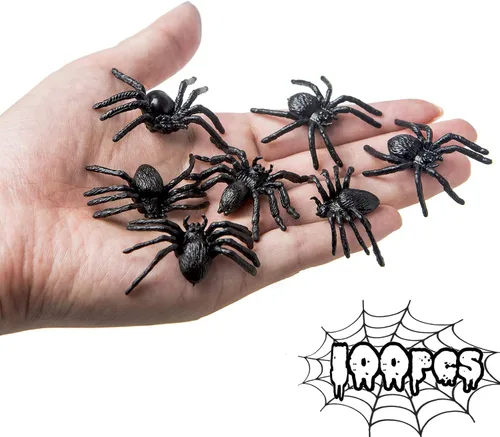 BAINFE 100 arañas de plástico realistas para Halloween, arañas pequeñas, arañas falsas, broma, broma, arañas negras para decoración del hogar y