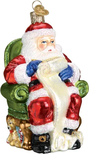 Old World Christmas - Adorno de vidrio soplado de Santa revisando su lista para árbol de Navidad, decoración navideña artesanal, colección Santa