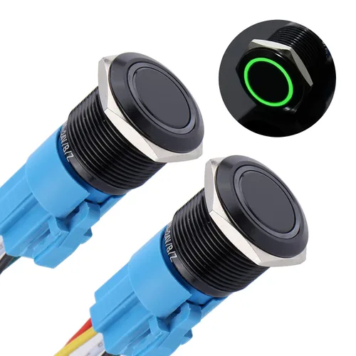 Miniatura 15 de 2 piezas de interruptor de botón de cierre antivandálico de metal impermeable de 0.630 in, carcasa negra autobloqueante con enchufe precableado
