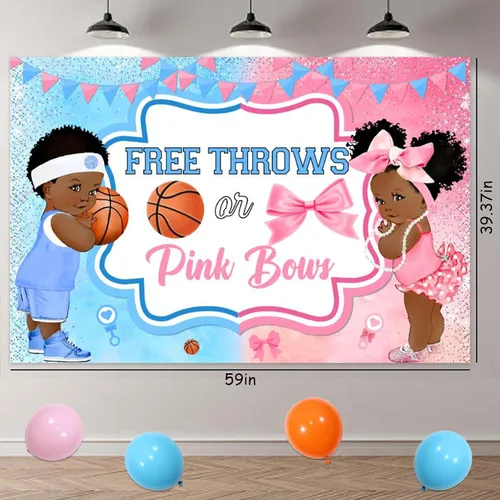 Miniatura 5 de Decoraciones de baloncesto o moños para revelación de género – telón de fondo de mantas gratis o lazos rosados, pancarta, decoración de pastel