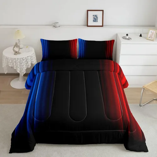 Feelyou Juego de edredón geométrico degradado para adolescentes, tamaño individual, para niños y mujeres, azul, rojo y negro, juego de ropa de cama