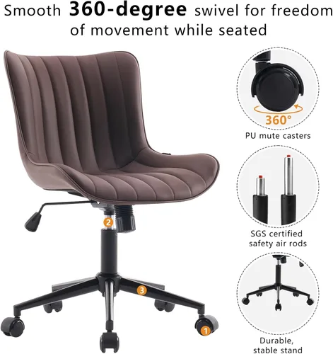 Miniatura 4 de YOUNIKE Silla ergonómica de escritorio para oficina en casa con ruedas, cómoda silla cruzada sin brazos con respaldo ajustable, moderna silla Marrón