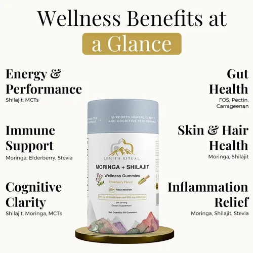 Miniatura 2 de Gomitas Shilajit y Moringa sabor a saúco – Aumenta la energía, la concentración y la vitalidad – 75% ácido fúlvico – 100% vegano, sin gluten, sin