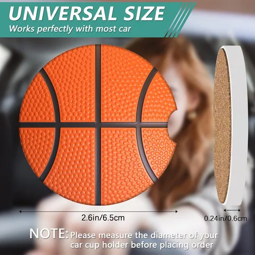 Miniatura 2 de 2 unidades de posavasos para portavasos de coche - Posavasos de cerámica absorbente con diseño de pelota de baloncesto deportivo, posavasos de coche