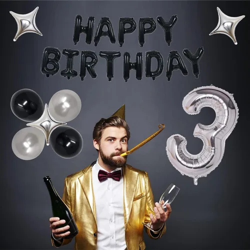 Miniatura 2 de Decoraciones de fiesta de cumpleaños color negro y plateado para niños y niñas, suministros de fiesta de cumpleaños número 14 con pancarta negra