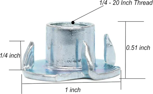 Miniatura 2 de 100 tuercas imperiales de 4 puntas de acero al carbono de 1/4-20 x 5/16 pulgadas, tuercas en T chapadas en zinc para muebles de madera, gabinetes