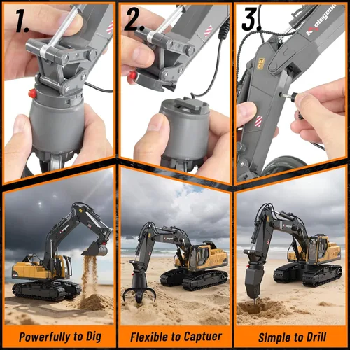 Miniatura 5 de kolegend Juguete de excavadora a control remoto 3 en 1 de 14 canales, juguete de excavadora RC para niños de 3 a 12 años con balde/garra/taladro