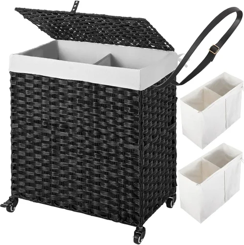 Miniatura 34 de GREENSTELL Cesta para ropa sucia con ruedas y tapa, 130 L, cesta grande de 3 secciones con 2 tipos de bolsas de forro extraíbles, 5 bolsas de malla