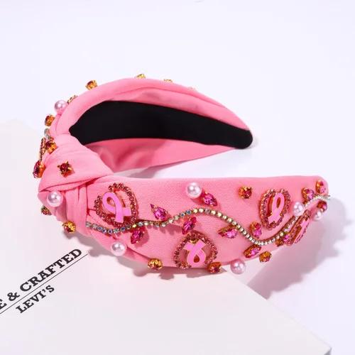 Miniatura 5 de boderier Diademas de concientización sobre el cáncer de mama para mujer, diadema anudada de cristal, diadema de corazón rosa con cinta de amor