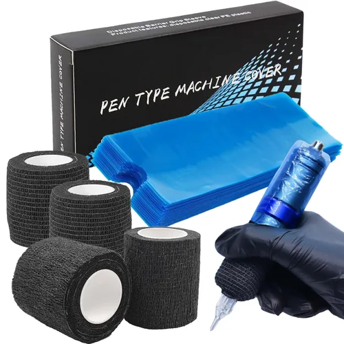 Yugui Combo de fundas para bolígrafos y cinta de agarre: 200 fundas desechables impermeables + 4 rollos de vendajes adhesivos antideslizantes –