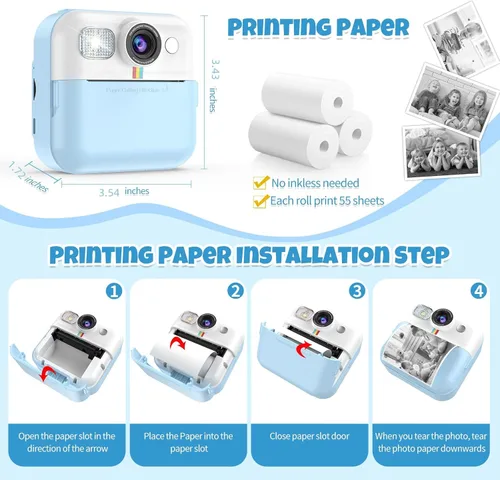Miniatura 6 de Cámara para Niños Varones, Cámara de Juguete Portátil de Impresión Azul para Niños Pequeños 1080P Cámaras de Video Niños Cámara de Impresión