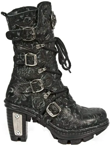 New Rock NEOTR005-S25 - Botas de cuero para mujer, estilo vintage, con estampado floral, color negro, gótico, rock, punk