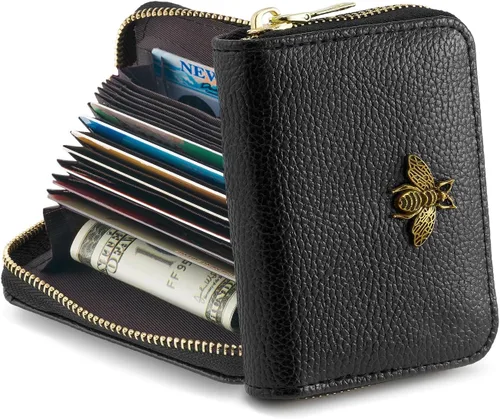 Miniatura 6 de WOZEAH Billetera pequeña para mujeres con bloqueo RFID, cartera para tarjetas de crédito, cartera de acordeón de cuero con cremallera, Negro
