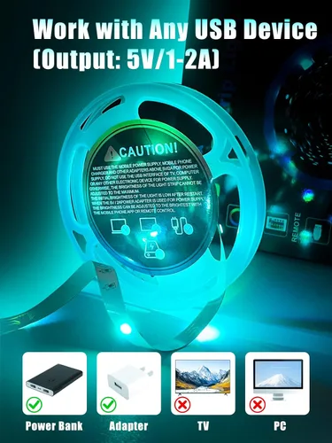 Miniatura 6 de Tira de luces LED, tiras de luz RGB de 5 V que cambian de color con control remoto, luces LED flexibles alimentadas por USB para dormitorio, TV