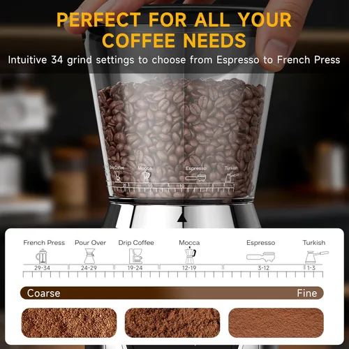 Miniatura 6 de Molinillo de café cónico con rebabas de acero inoxidable de 1.575 pulgadas, 34 ajustes de molienda y antiestático, molinillo eléctrico para expreso
