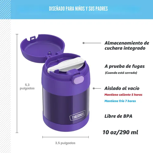 Miniatura 2 de THERMOS FUNTAINER Tarro de comida aislado, 10 onzas, tarro de comida apto para niños con cuchara plegable, morado Púrpura