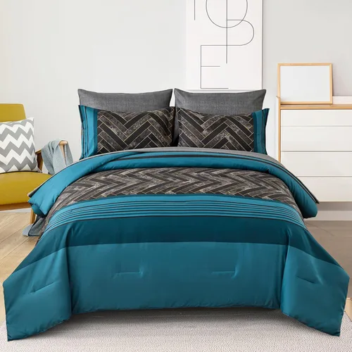 Miniatura 11 de Luxudecor Juego de Edredón Negro Tamaño King, 7 Piezas Cama en una Bolsa de Rayas Geométricas, Juego de Edredón Geométrico y Sábanas, Juego Completo