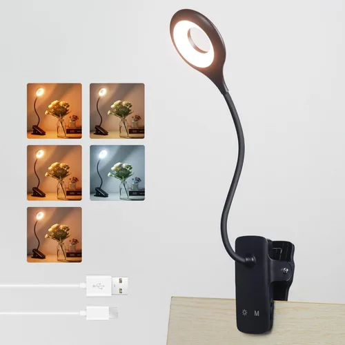 Akynite Lámpara de escritorio LED con clip, 5 modos, 5 brillos regulables, luz de abrazadera regulable, batería recargable, lámpara de lectura Negro