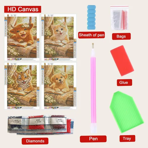 Miniatura 5 de Kits de pintura de diamantes de animales para adultos, paquete de 4 unidades, lindo tigre, vaca, gato, perro, kit de arte de diamantes, pintura