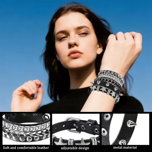 Miniatura 7 de Juego de 4 pulseras punk rock con tachuelas, pulseras de cuero para hombres y mujeres, pulseras con pinchos y accesorios emogóticos para fiestas