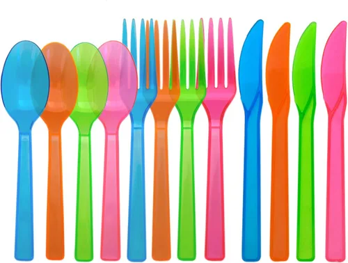 Miniatura 6 de Party Essentials Paquete combinado de cubiertos de plástico duro, 64 ajustes de lugar, varios colores de neón, N124890-4,192