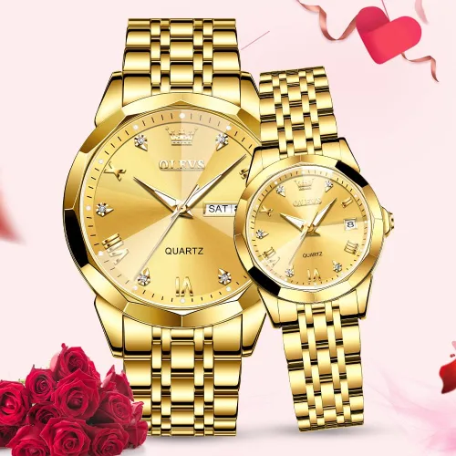 Miniatura 20 de OLEVS Juego de 2 relojes de cuarzo para parejas de San Valentín, calendario luminoso, ventana de fecha, 3 ATM, impermeable, casual, acero